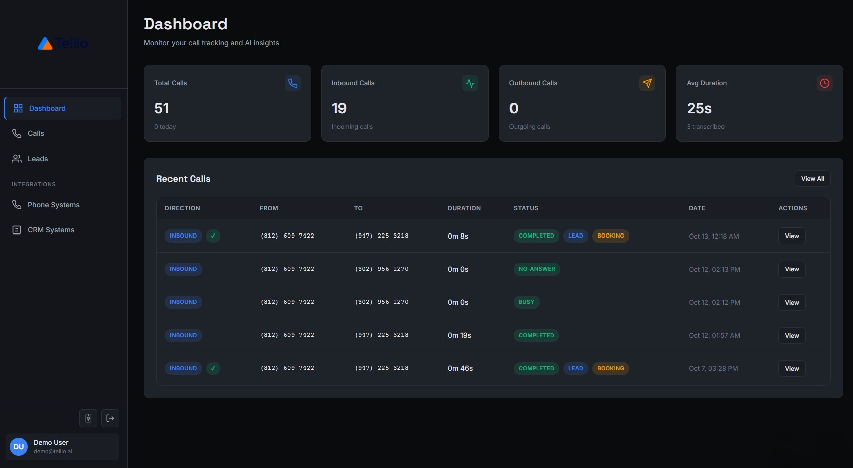 Tellio Dashboard Preview - Call tracking and AI insights interface